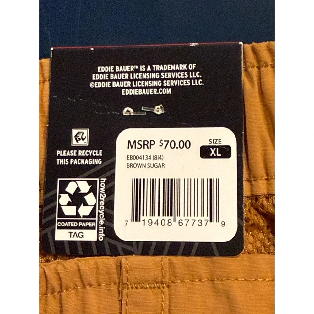 New! Eddie Bauer Ripstop Tech Shorts Mens XL Brown Sugar UPF 50 Moisture Wicking